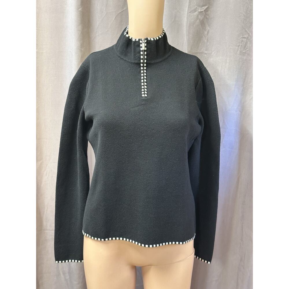 Neve Black 1/4 Zip Knit Cotton Wool Blend Pullover Sweater Black White Trim SZ M